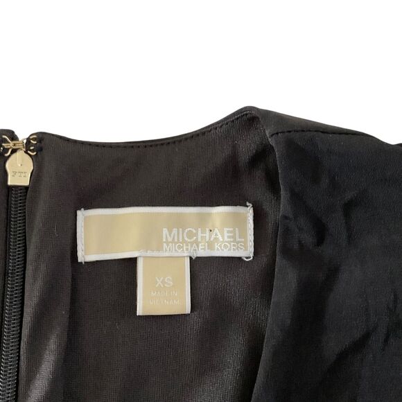 Michael Kors XS Black Dress Ruched Bodice Flutter Sleeves Ruffled Hem Cocktail - Picture 6 of 11